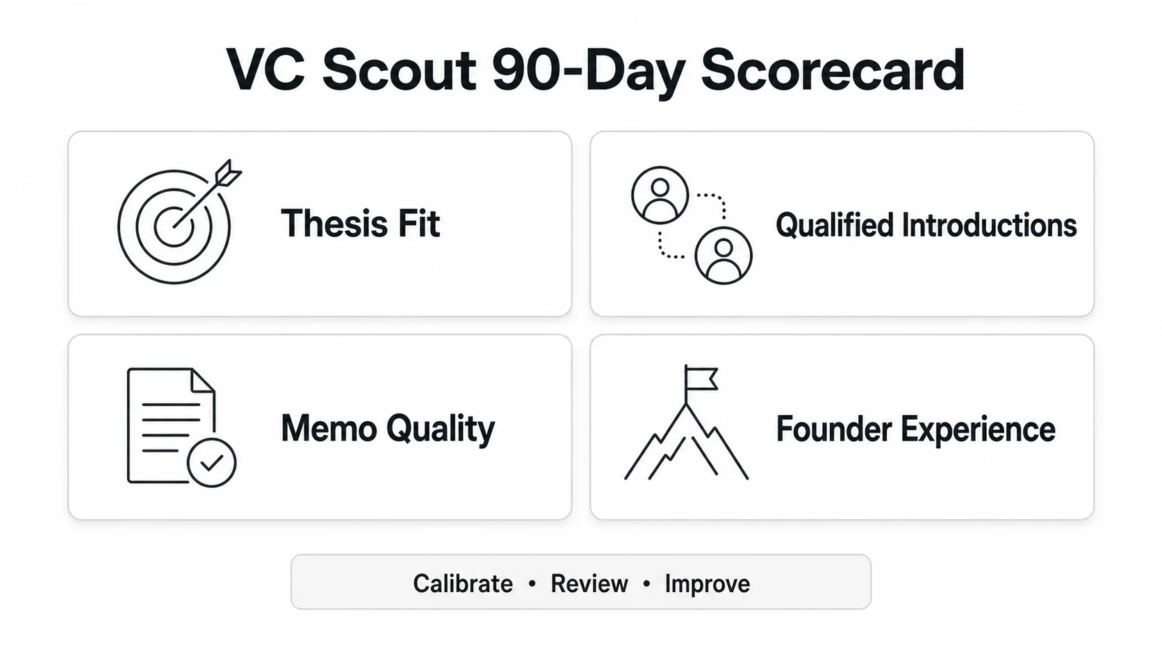 VC scout 90-day scorecard covering thesis fit, qualified introductions, memo quality, and founder experience
