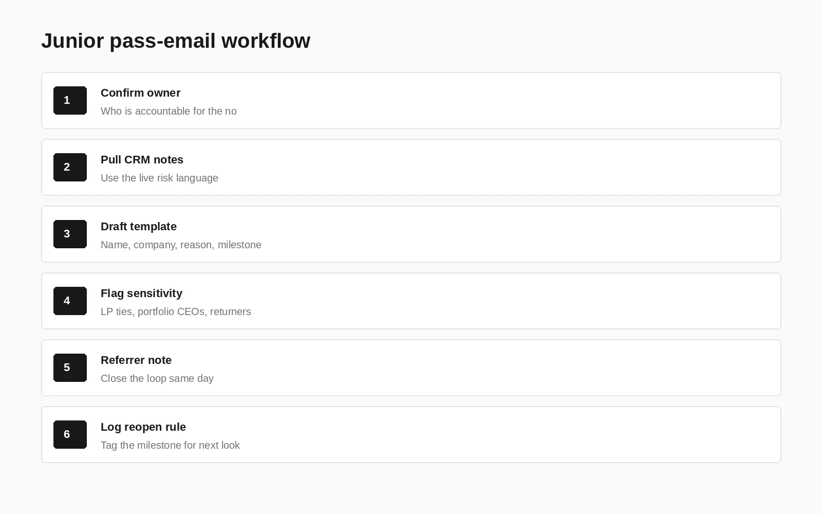 Six-step junior VC pass email workflow from confirming the decision owner to logging the reopen rule