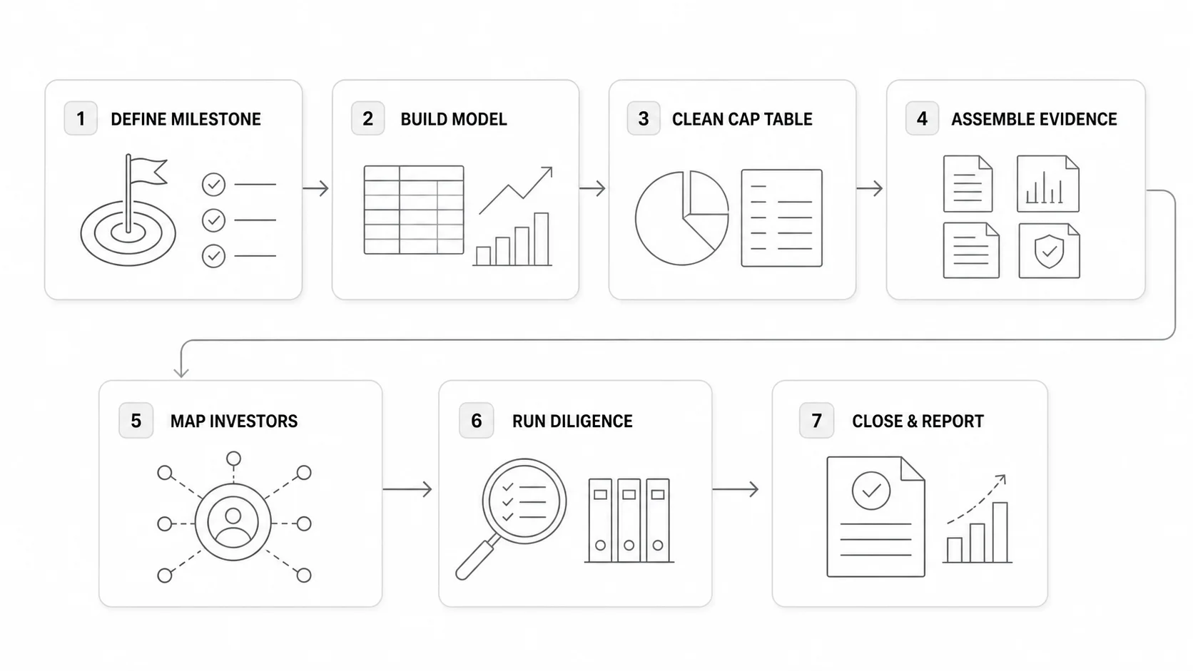 Seven-step seed funding workflow from defining a milestone to closing and reporting