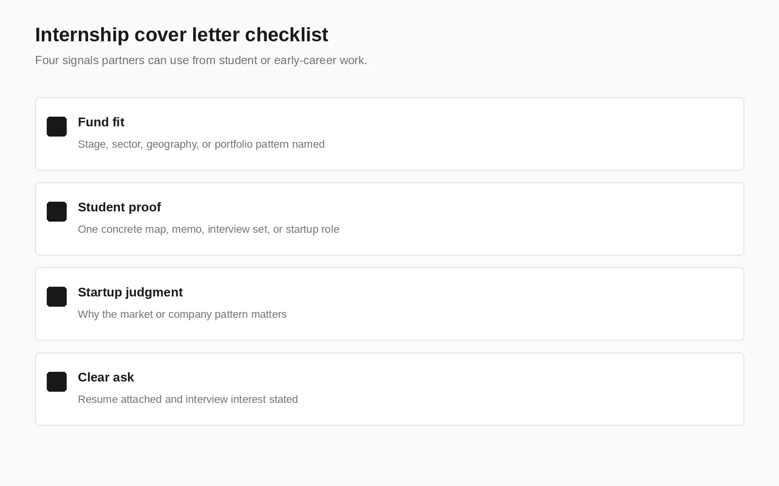 Venture capital internship cover letter checklist with fund fit, student proof, startup judgment, and clear ask