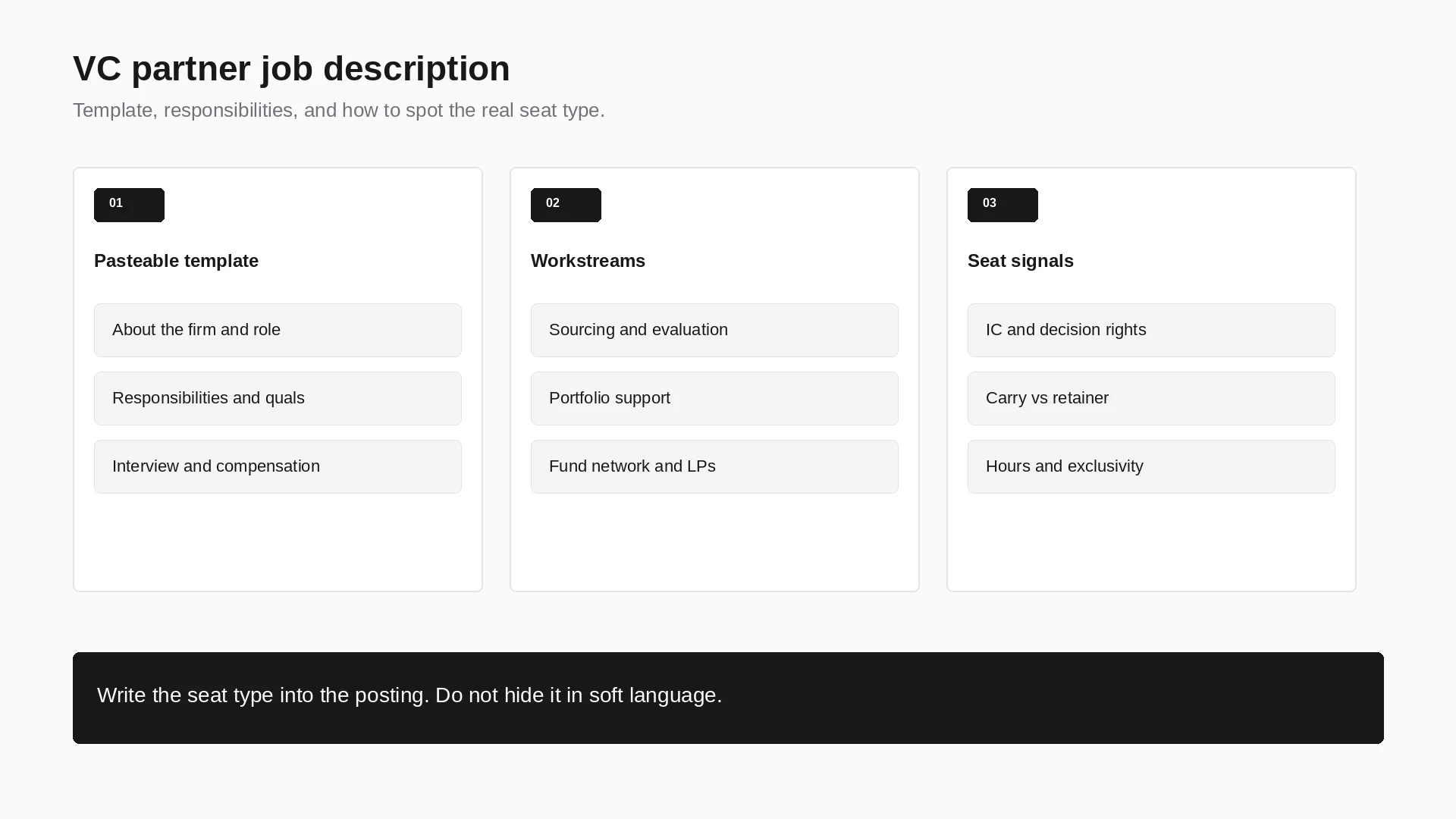 VC partner job description framework: pasteable template, workstreams, and seat signals