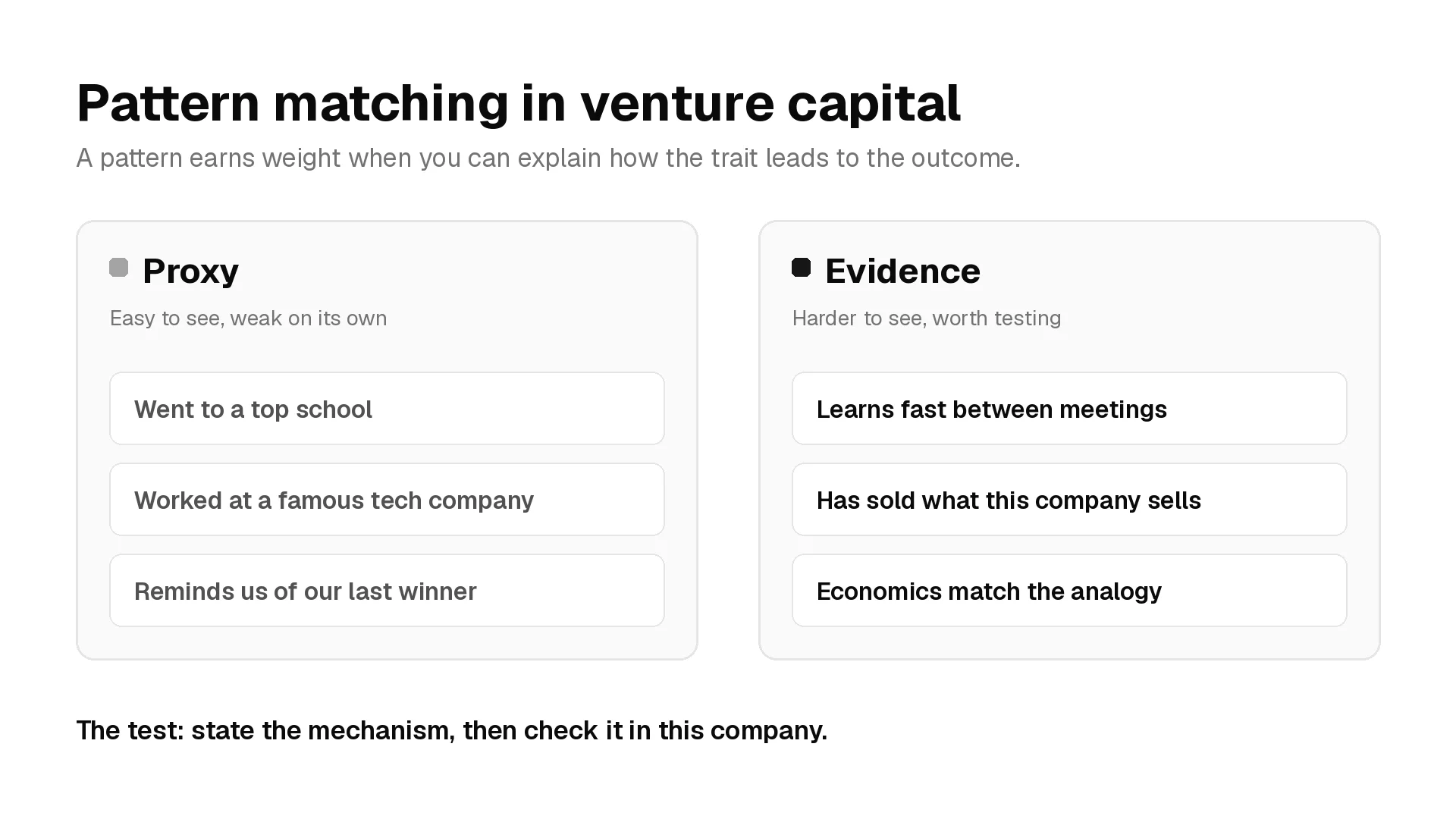 Two cards comparing proxy patterns such as a top school or famous employer with evidence patterns such as learning fast and having sold what the company sells