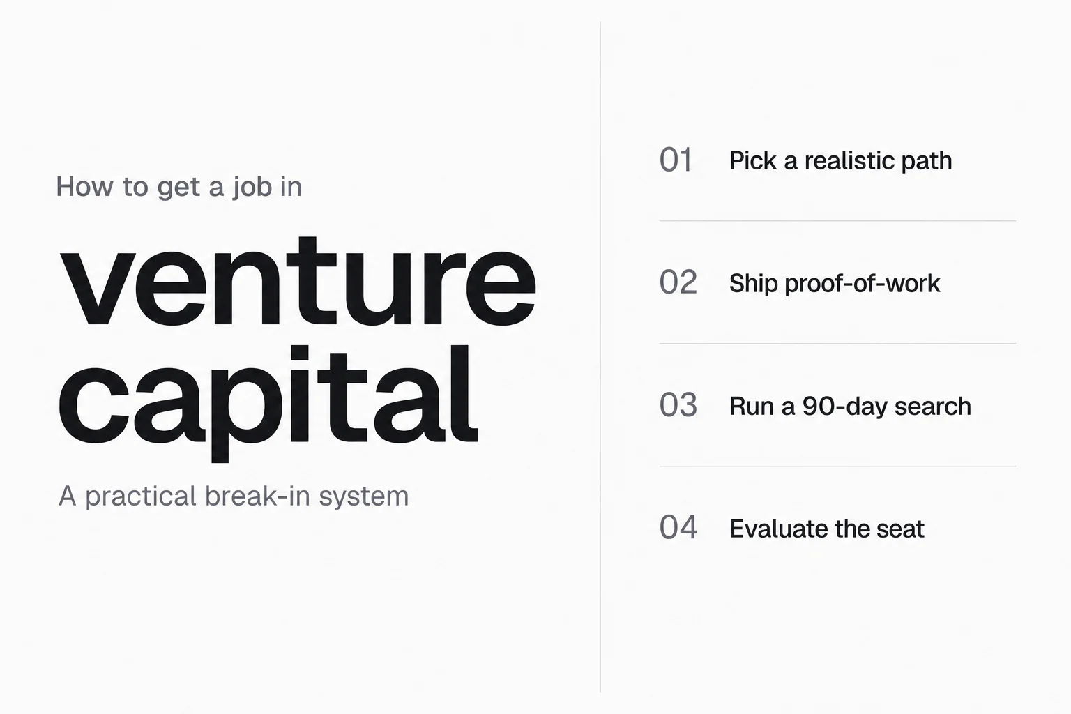 How to get a job in venture capital — pick a path, ship proof-of-work, screen postings, run a 90-day search