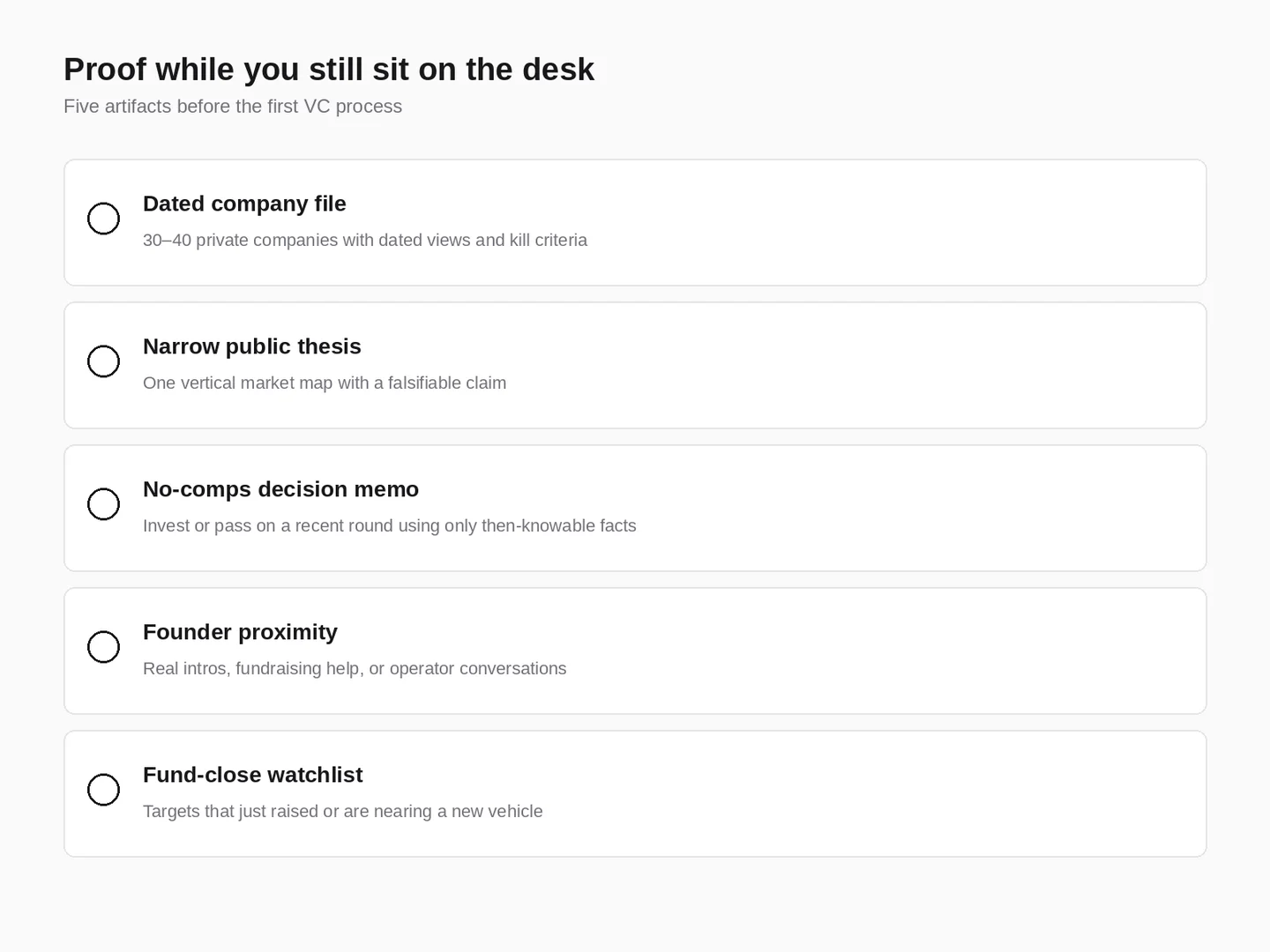 Checklist for building VC proof while still in investment banking