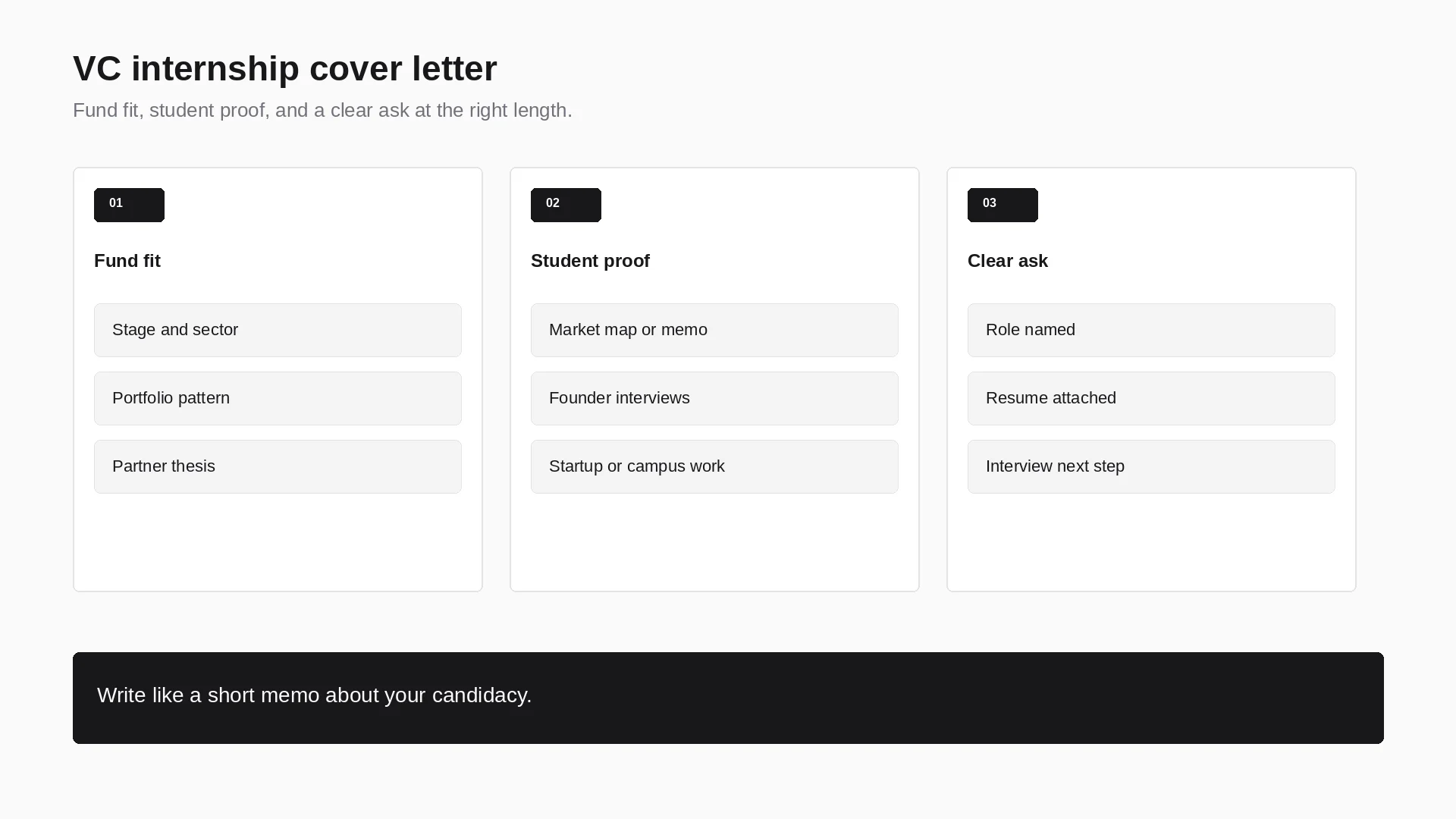 Venture capital internship cover letter framework showing fund fit, student proof, and a clear ask