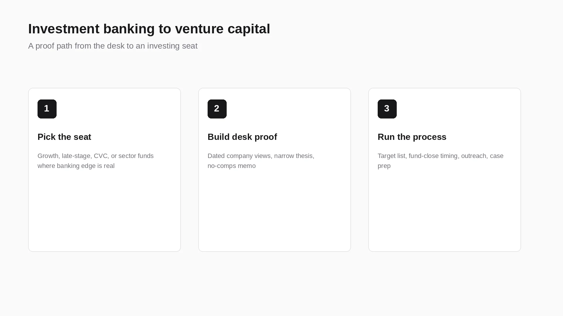 Investment banking to venture capital proof path: pick the seat, build desk proof, run the process