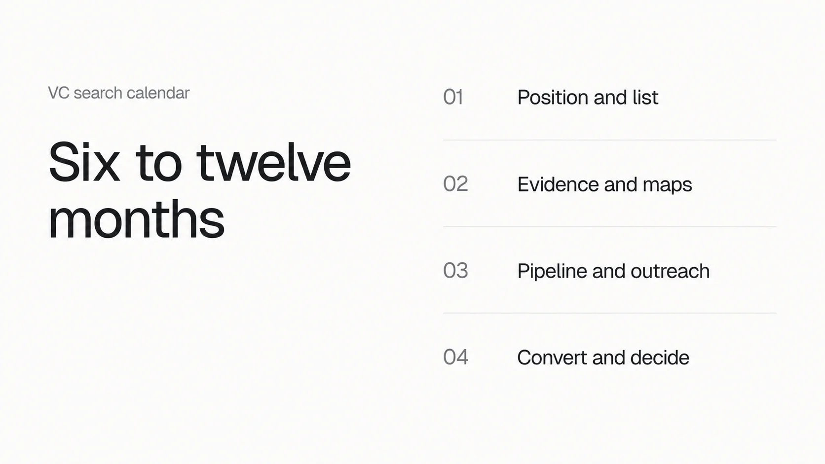 Six to twelve month VC search calendar: position, evidence, pipeline, convert