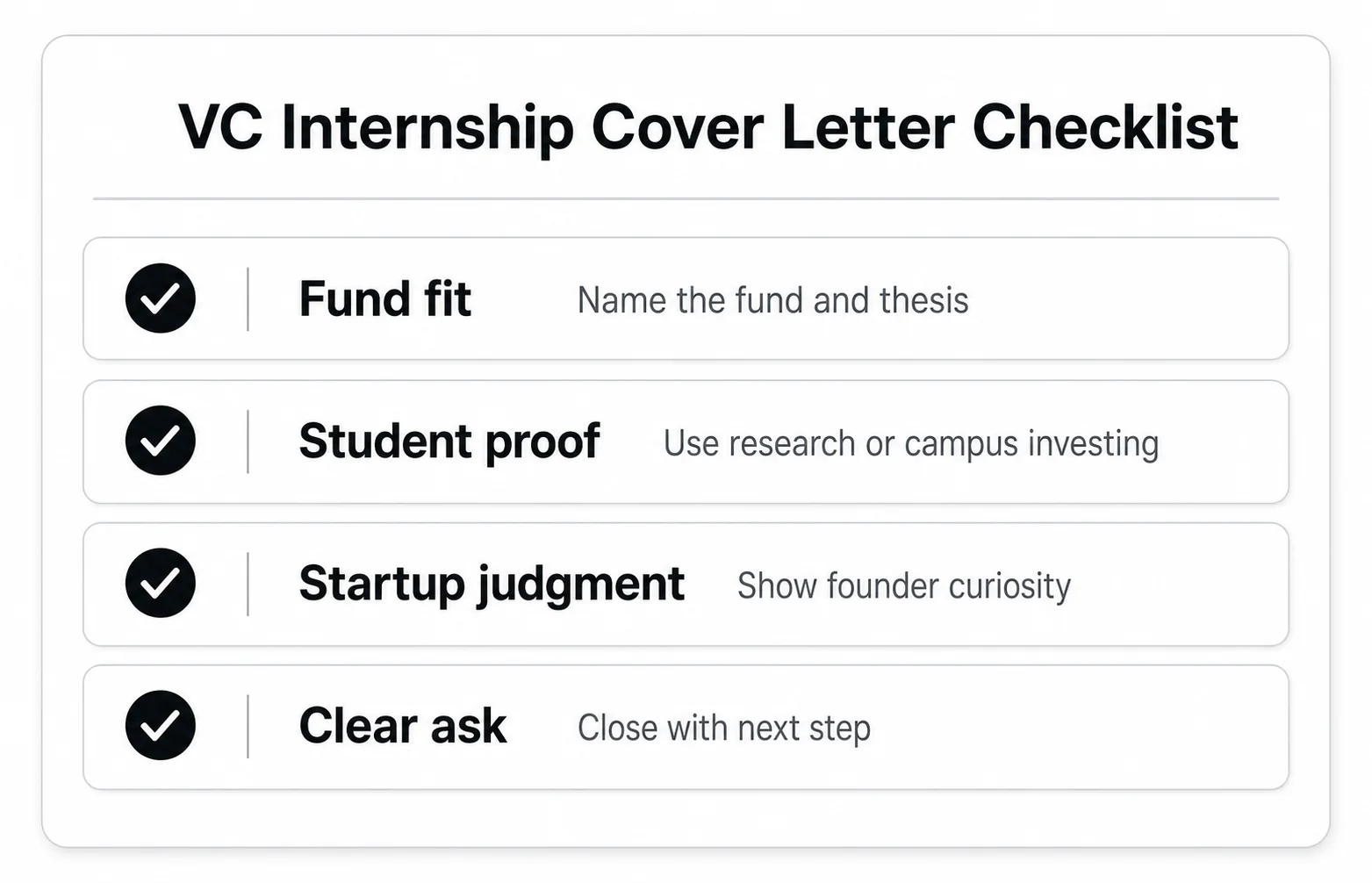 Venture capital internship cover letter checklist with fund fit, student proof, startup judgment, and clear ask