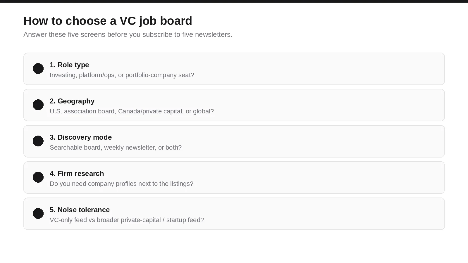 Checklist for choosing a VC job board by role type, geography, discovery mode, firm research need, and noise tolerance