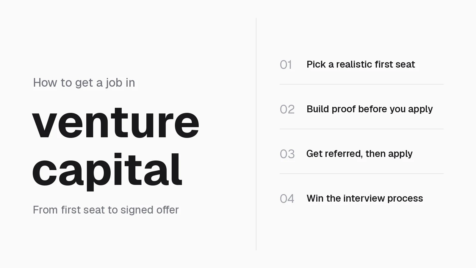 How to get a job in venture capital: pick a realistic first seat, build proof before you apply, get referred then apply, and win the interview process