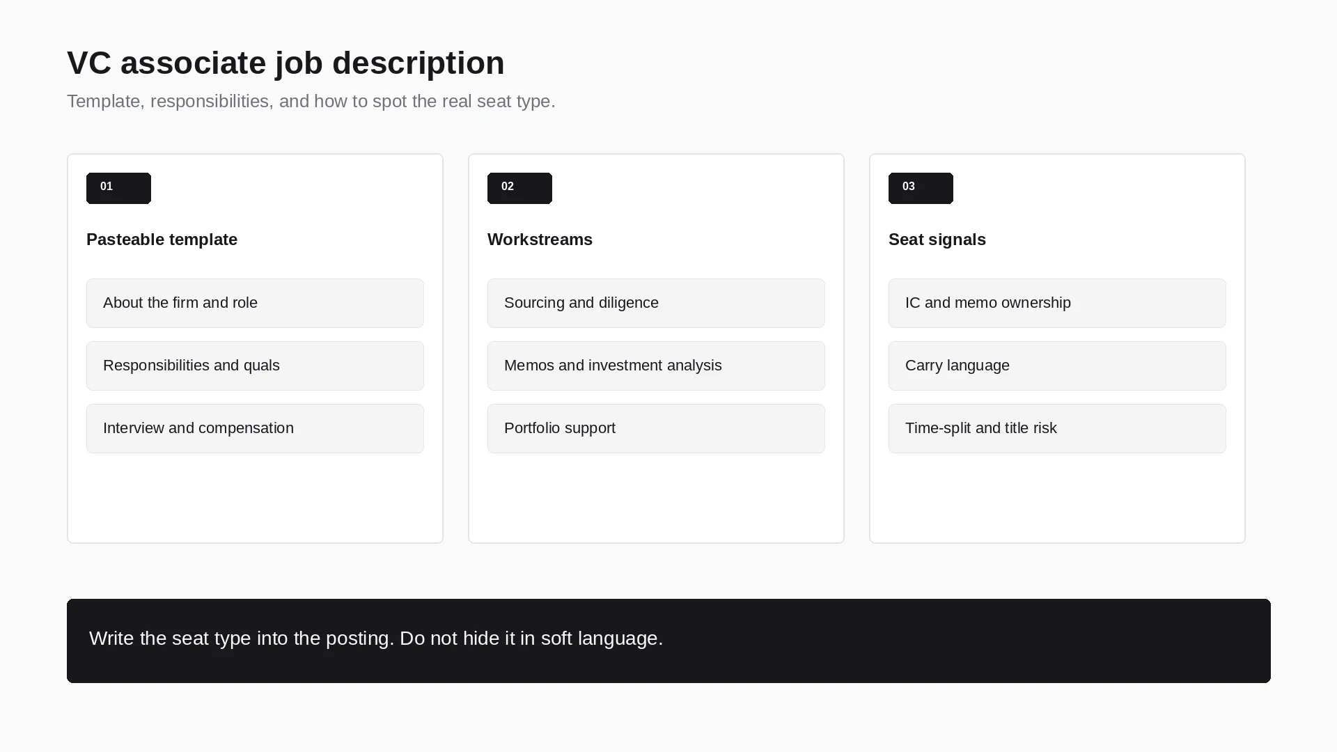 VC associate job description framework: pasteable template, workstreams, and seat signals