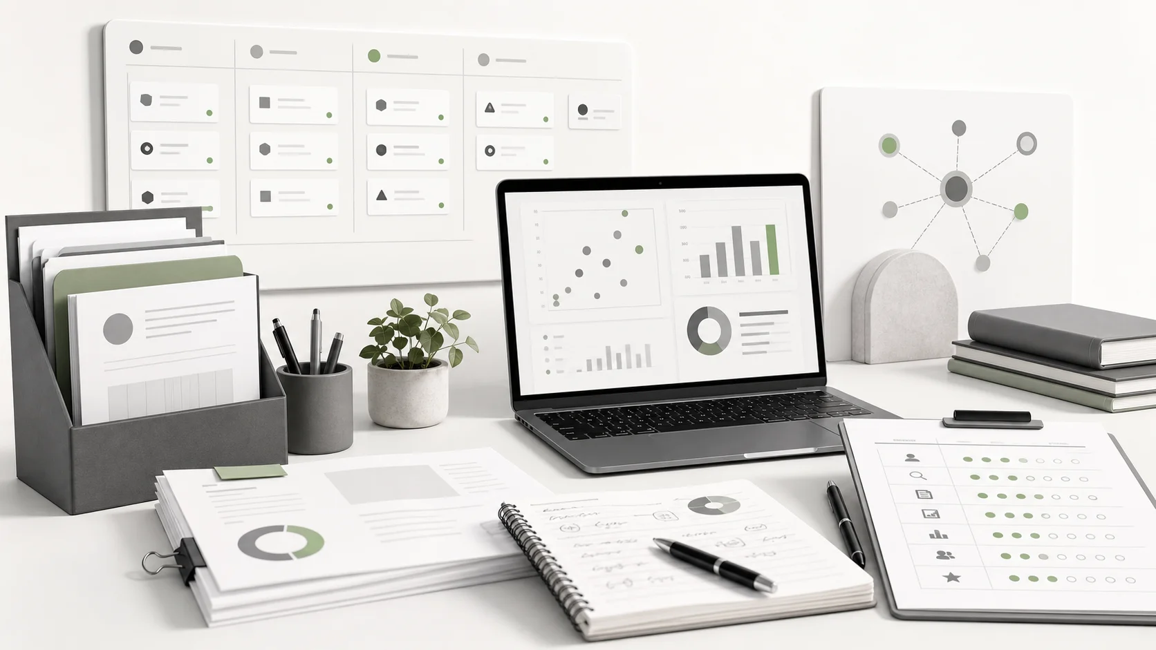 Editorial desk scene showing a venture capital associate workflow with deal pipeline, charts, memos, and candidate scorecard