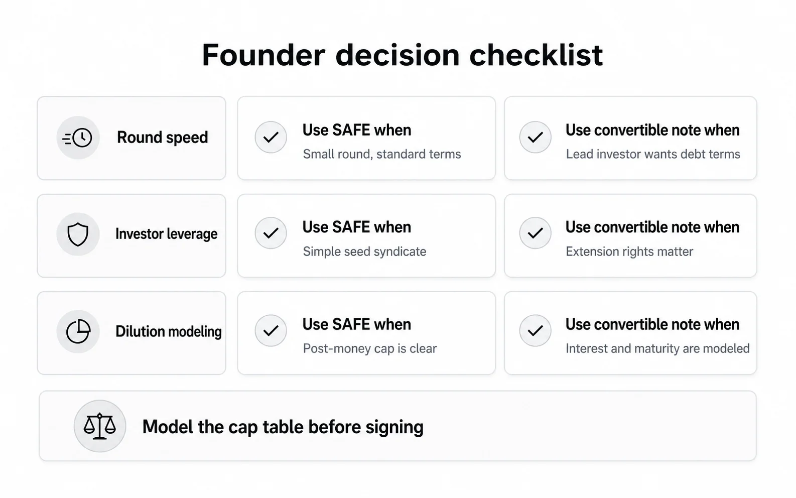 Founder decision checklist comparing when to use a SAFE or convertible note by round speed, investor leverage, and dilution modeling