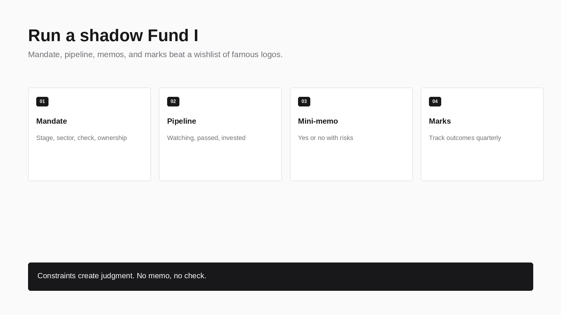 Shadow Fund I OS: mandate, pipeline, mini-memo, and marks