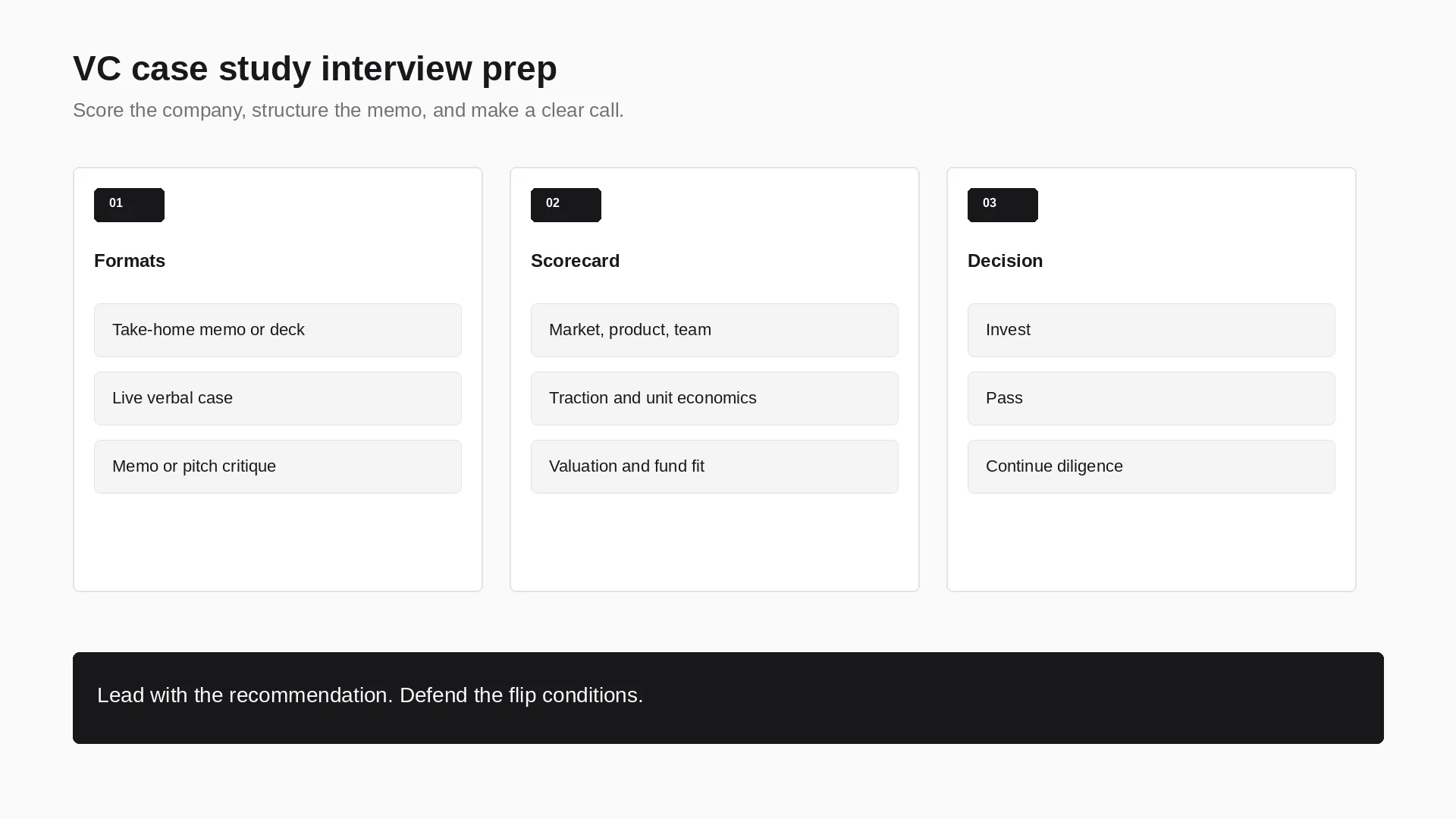 VC case study interview prep: formats, scorecard, and invest pass continue diligence decision