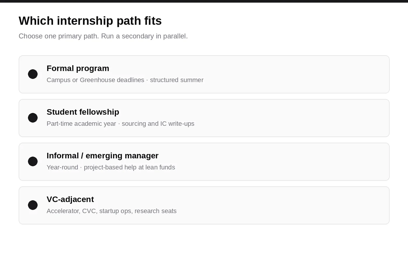 Four venture capital internship paths: formal program, student fellowship, informal emerging-manager seat, and VC-adjacent roles