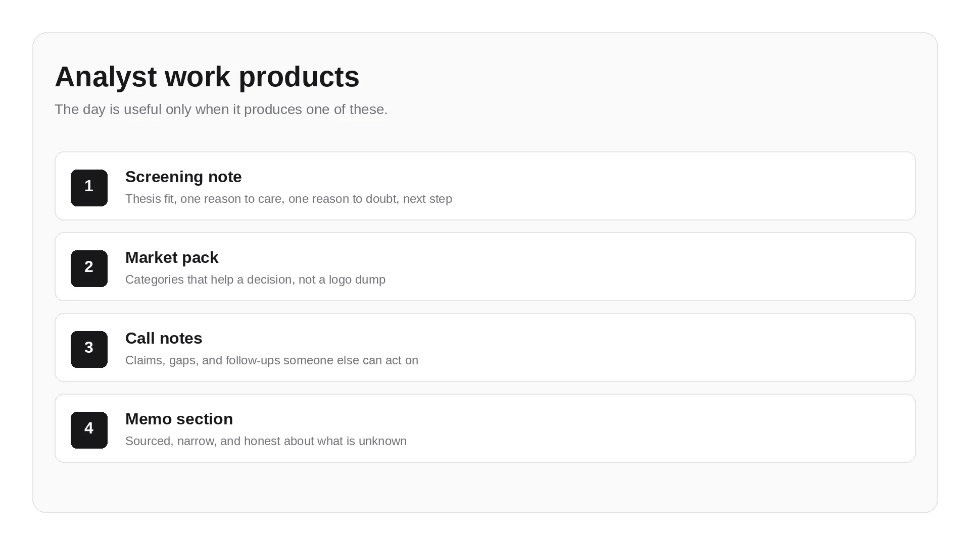 Analyst work products: screening note, market pack, call notes, and memo section