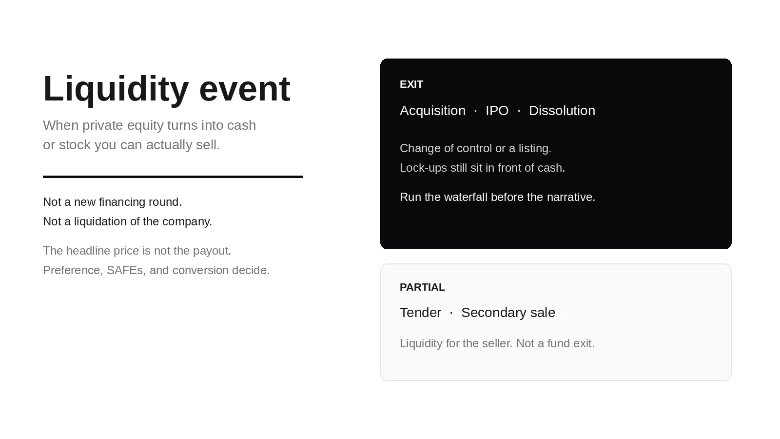 Liquidity event paths: a full exit versus partial secondary liquidity
