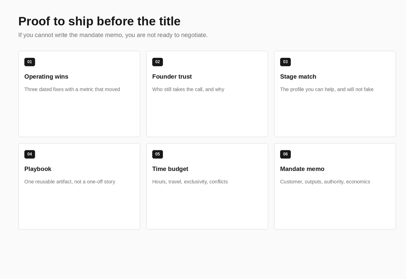 Six pieces of proof to ship before asking for an operating partner title: wins, trust, stage match, playbook, time, mandate