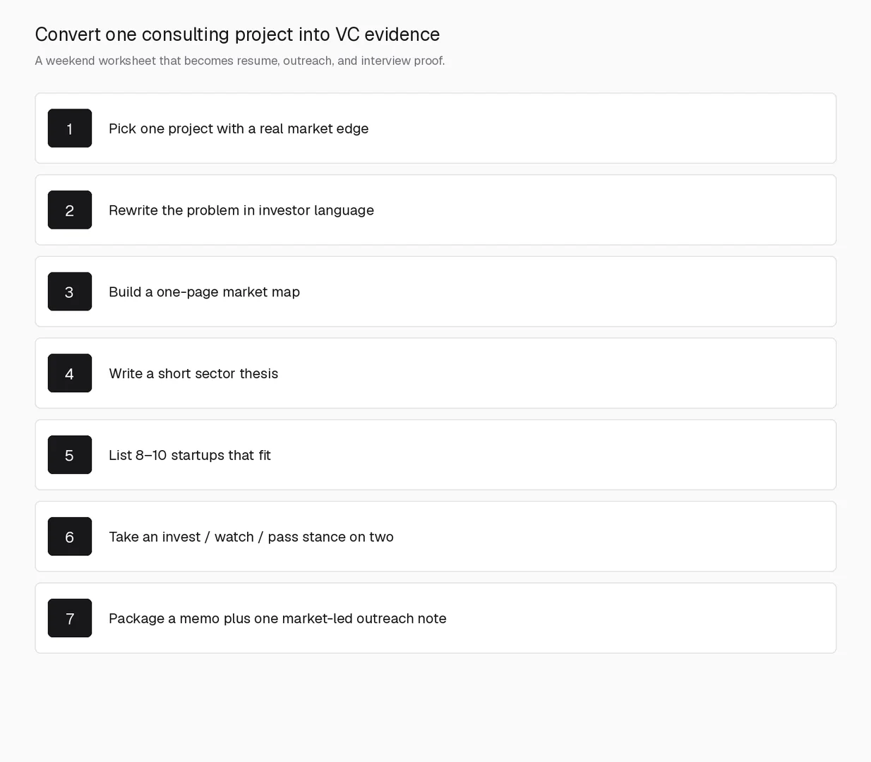 Worksheet to convert a consulting project into venture capital recruiting evidence