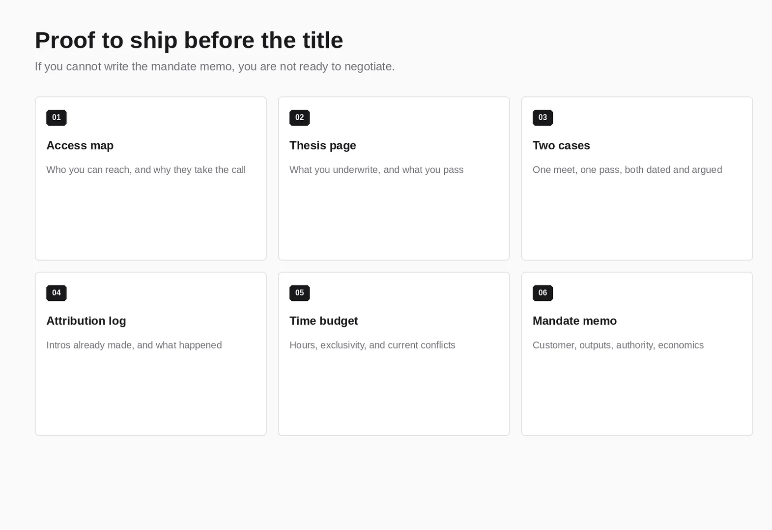 Six pieces of proof to ship before asking for a venture partner title: access, thesis, cases, attribution, time, mandate