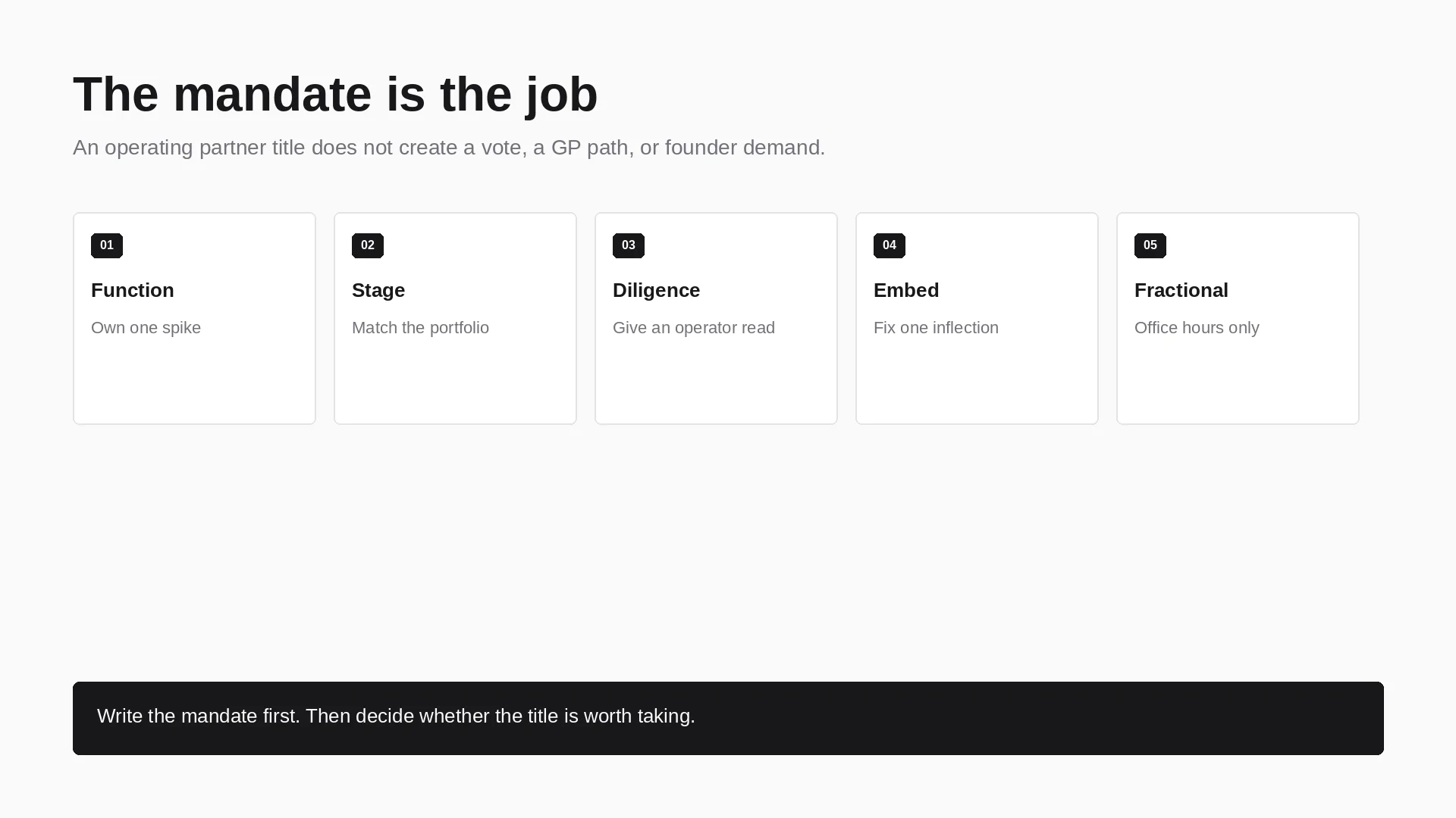 Mandate ladder for a VC operating partner seat: function, stage, diligence, embed, fractional