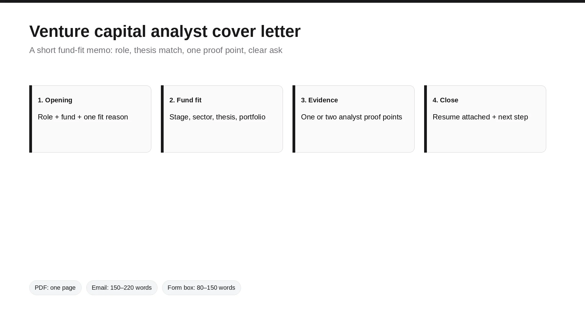 Venture capital analyst cover letter framework: opening, fund fit, evidence, and close