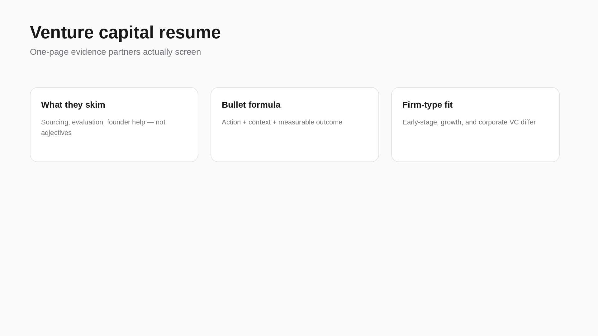 Venture capital resume — one-page evidence layout partners screen in seconds