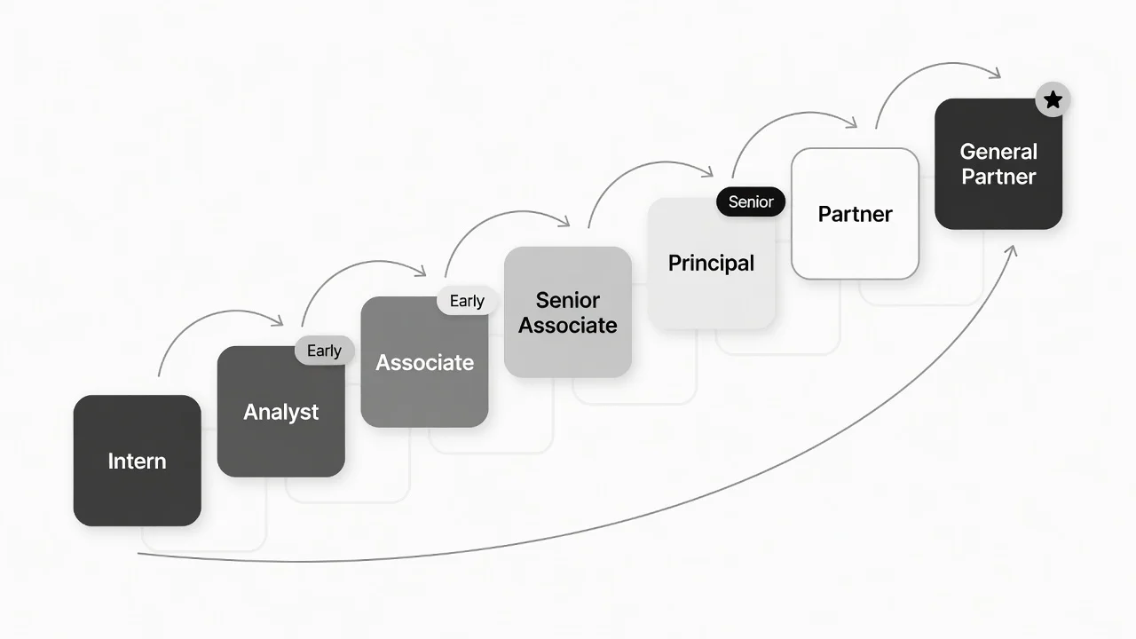 Venture capital career ladder from intern through analyst, associate, senior associate, principal, partner, and general partner in monochrome zinc style