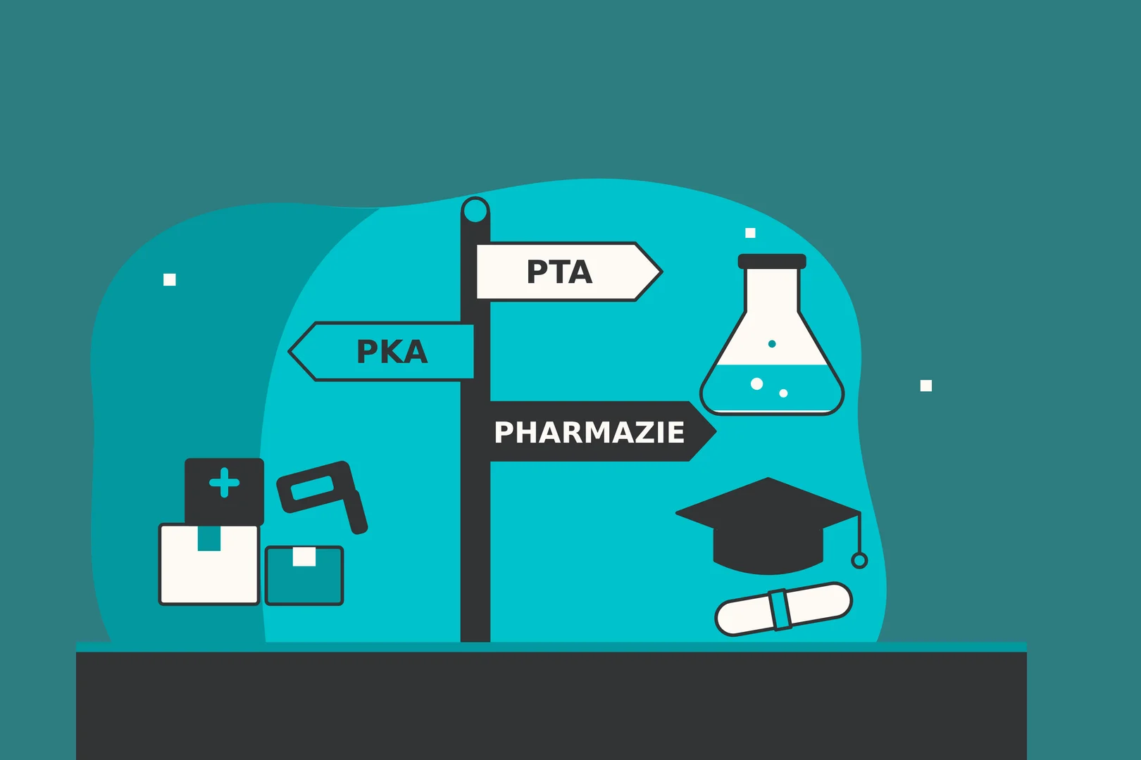 Illustration: Wegweiser mit den Richtungen PTA, PKA und Pharmazie, daneben Laborkolben, Warenkartons und Doktorhut