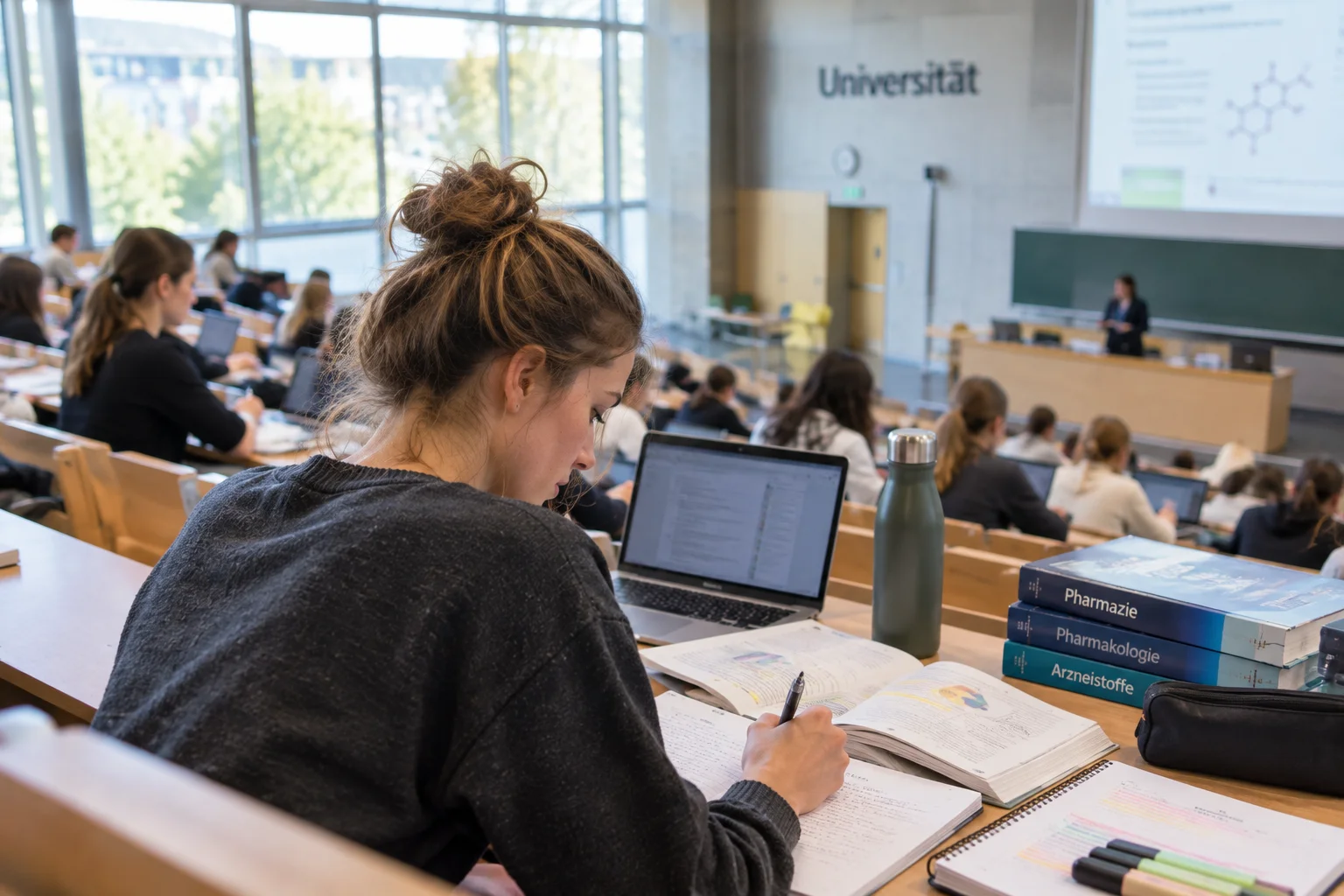 Illustration: Universitätsgebäude, Kreisdiagramm mit den Quoten 30, 10 und 60 Prozent und ein Testbogen mit Stift