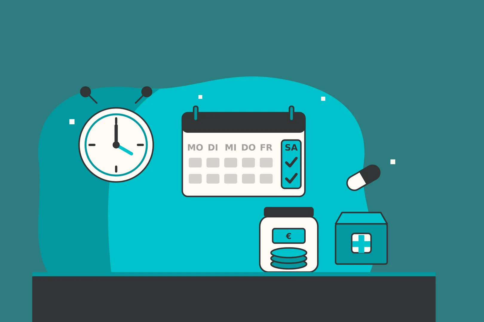 Illustration: Wecker, Wochenkalender mit markiertem Samstag, Spardose mit Münzen und Botendienst-Paket mit Apothekenkreuz
